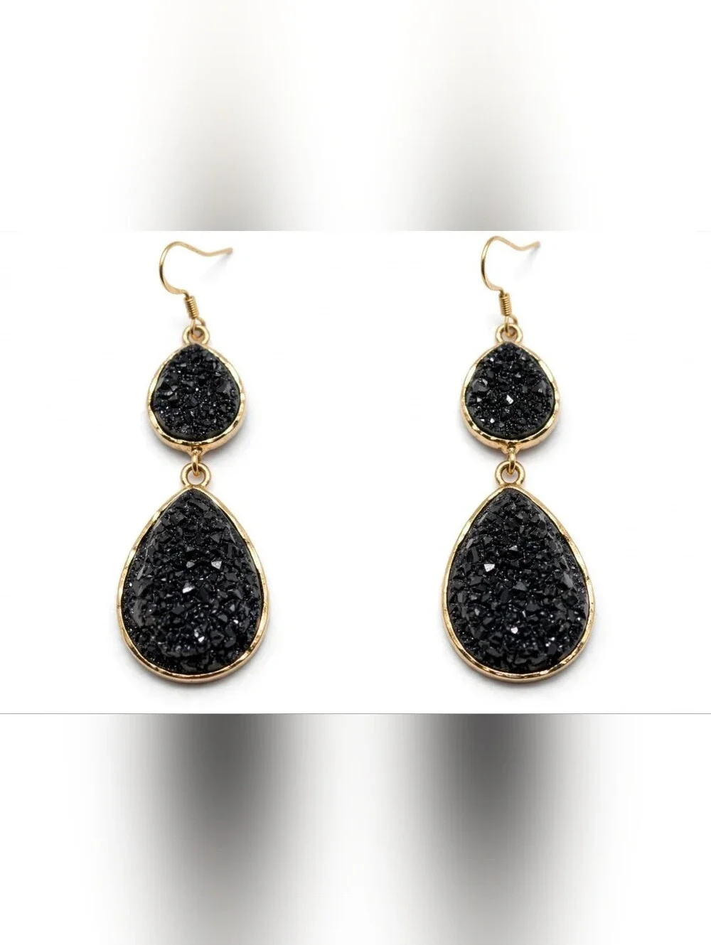 Gold Chain Black Druzy Necklace and Earring Set